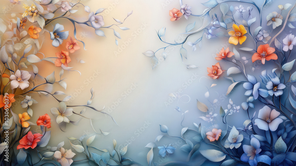 beautiful floral design featuring intricate blossoms in shades of orange, blue, and soft pastels, creating serene and harmonious atmosphere. delicate arrangement of flowers and leaves adds touch of