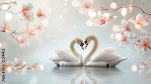 Fototapeta Naklejka Na Ścianę i Meble -  pair of swans gracefully form heart shape in serene pond, surrounded by delicate pink flowers and soft bokeh lights, creating romantic and tranquil atmosphere