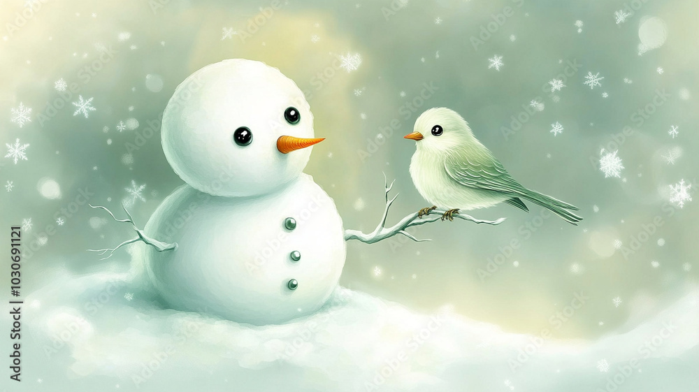 cheerful snowman with bird perched on its arm in snowy scene cheerful snowman with bird perched on its arm in snowy scene