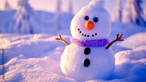 cheerful snowman with carrot nose and button eyes stands in snow