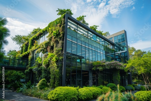 Architecture image with a modern glass building with a lot of green plants trees MONA