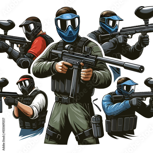 a collection of different poses and expressions, with one man holding a gun and another wearing a gas mask