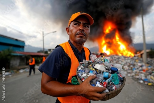 Waste pickers collecting recyclables as plastic waste burns in the background