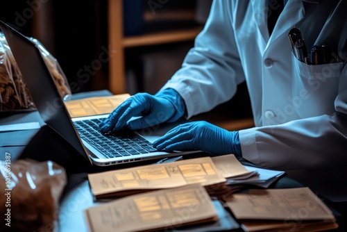 Scientist analyzing data on laptop with gloves on. photo