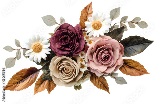 Floral arrangement of roses and daisies with leaves