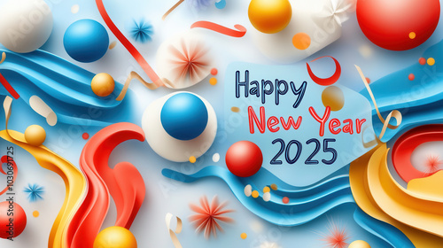 Happy New Year 2025 design featuring colorful abstract shapes and festive elements. vibrant colors and playful patterns create joyful atmosphere for celebrating new year