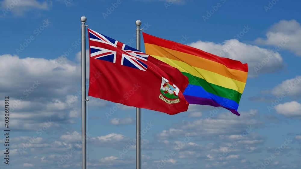 LGBT movement flag also Gay Pride and The Bermudas two flags waving cycle looped video, tolerance conception in country