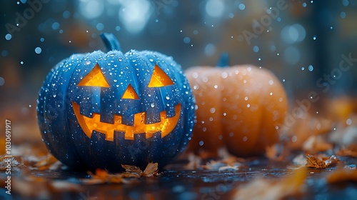 A carved pumpkin with a lit candle inside, covered in raindrops sits next to an uncarved pumpkin in autumn foliage. photo