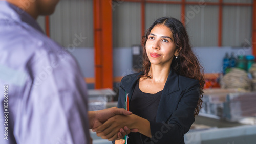 Close up Female manager or professional entrepreneur is interview or discussion with engineer in industry or factory, concept on side occupation or job interview, human resources find colleague.