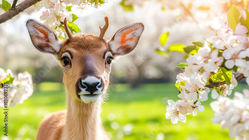 reindeer with gentle expression surrounded by blooming flowers