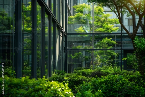 Architecture image with a modern glass building with a lot of green plants trees MONA