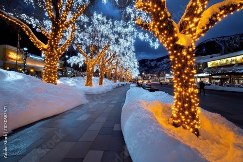 Winter snow covering the Woodstock Square, with festive lights illuminating the area