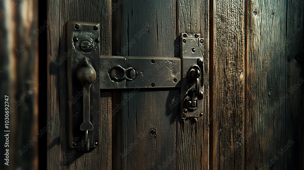 Rustic Wooden Door with Ornate Metal Latch Rustic Wooden Door with Ornate Metal Latch