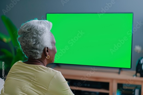 Ui mockup afro-american woman in her 50s in front of an smart-tv with a completely green screen