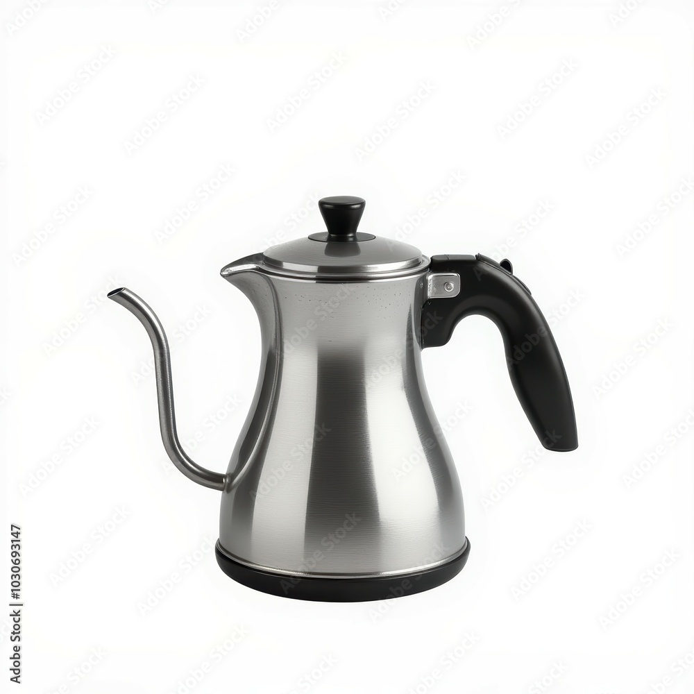 Stylish stainless steel kettle, white isolate background