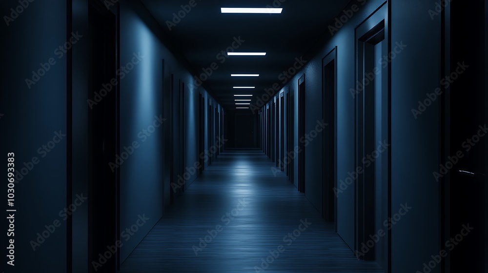 A dark hallway with multiple doors illuminated by overhead lights.