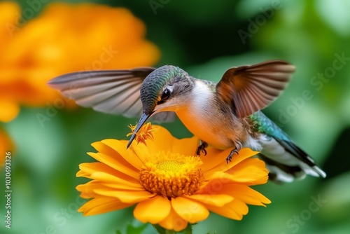 Young hummingbird sipping nectar from a bright flower photo