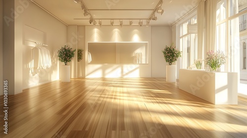 15. A bright, empty display area in a boutique with wooden flooring