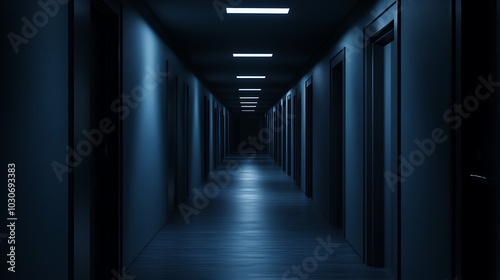 A dark hallway with multiple doors illuminated by overhead lights.