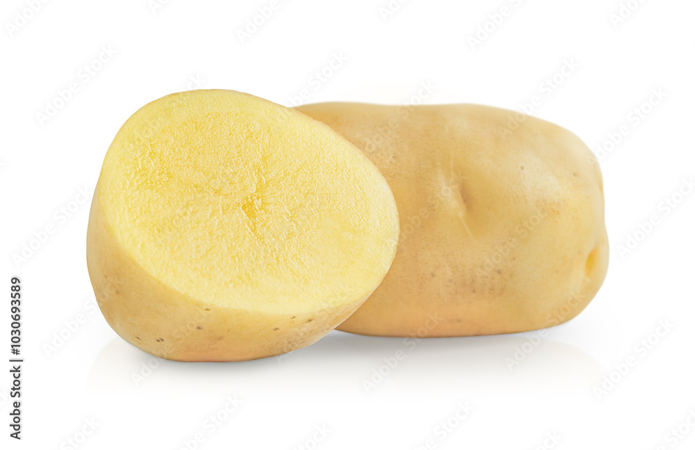 potato tuber whole and half isolated on white background potato tuber whole and half isolated on white background