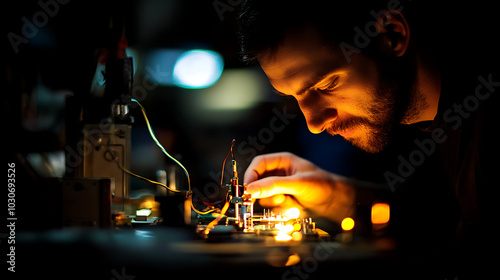 A close-up of an electrician's hands skillfully wiring a light fixture, showcasing precision and attention to detail, with tools scattered on a workbench