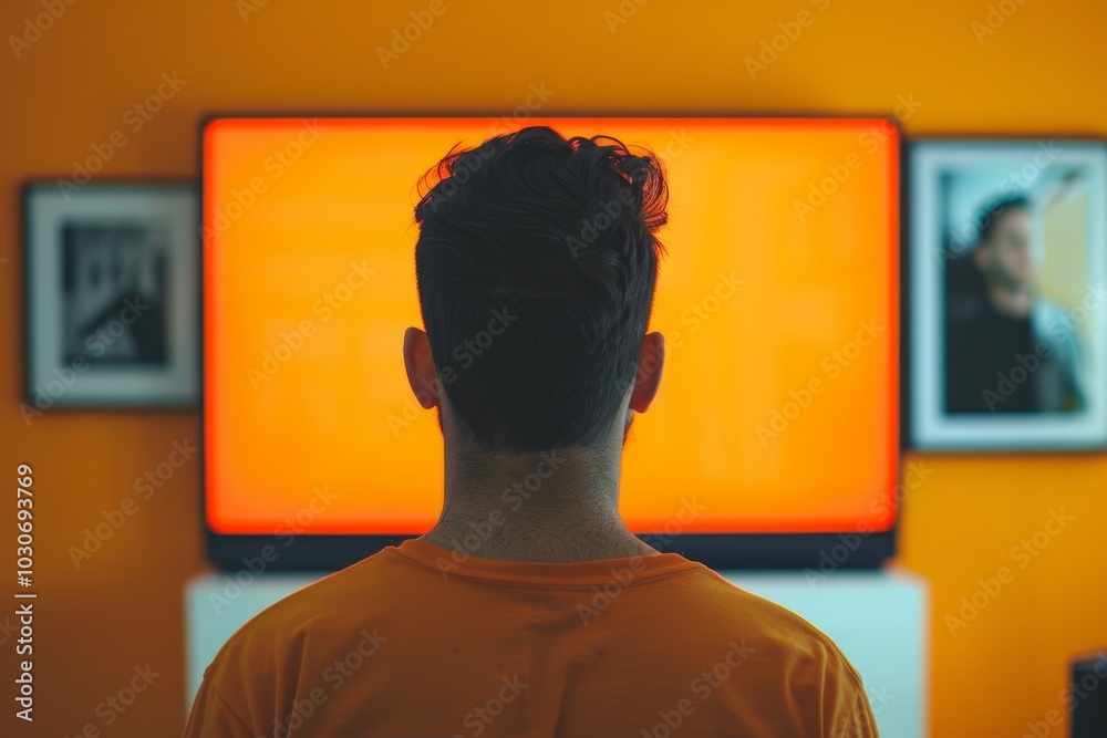 Showcase screen caucasian man in his 30s in front of an smart-tv with a completely orange screen Showcase screen caucasian man in his 30s in front of an smart-tv with a completely orange screen