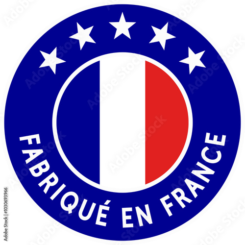 Fabriqué in France (police sans serif). Badge symbolisant la qualité et l'origine de la production française avec les couleurs du drapeau français. 