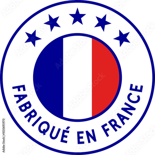 Fabriqué in France (police sans serif). Badge symbolisant la qualité et l'origine de la production française avec les couleurs du drapeau français. png : texte sur fond blanc