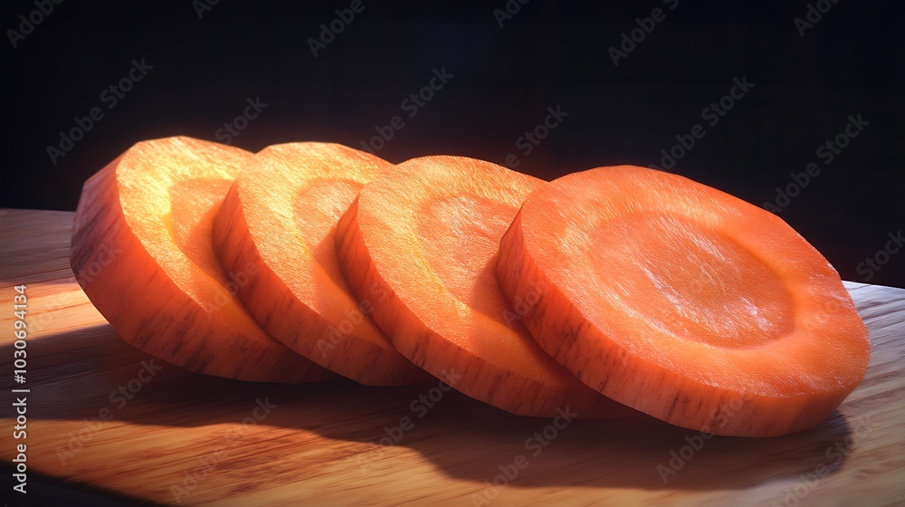 Four Slices of Carrot on a Wooden Cutting Board Four Slices of Carrot on a Wooden Cutting Board