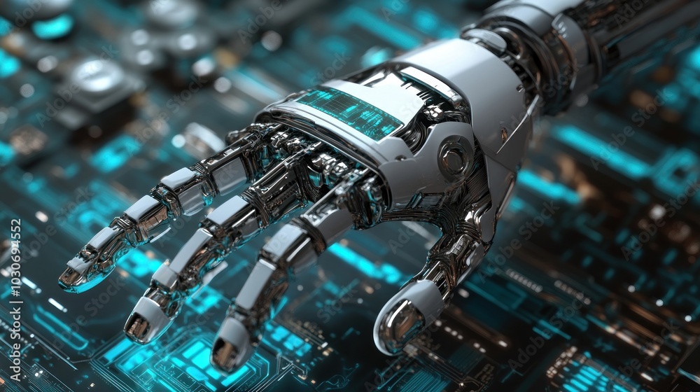 Futuristic robotic hand on circuit board background Futuristic robotic hand on circuit board background