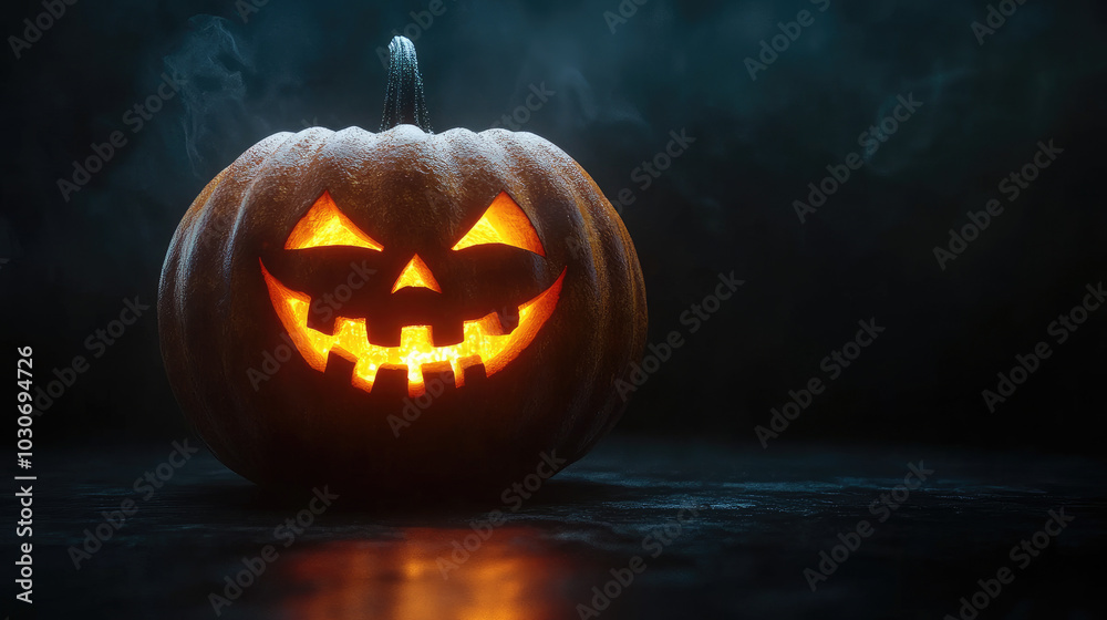 A glowing jack-o'-lantern with a carved grin sits on a dark surface with smoke in the background.