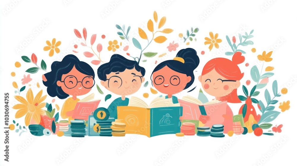 Four children reading books together surrounded by flowers. Four children reading books together surrounded by flowers.