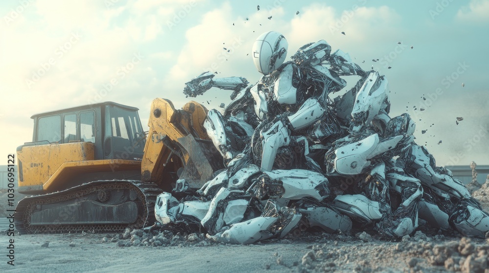 Fototapeta premium Heavy bulldozer buries broken robots in city setting