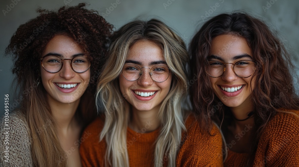 Three diverse women with glasses, smiling, and wearing brown sweaters. Three diverse women with glasses, smiling, and wearing brown sweaters.