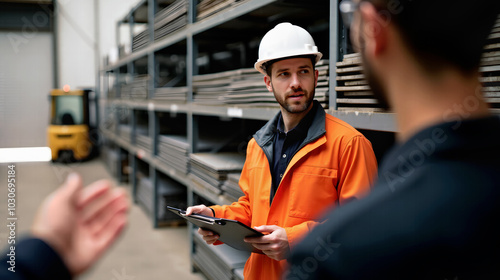 Warehouse supervisor discussing with team in storage area photo