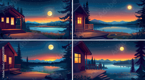 Timber river coast terrace veranda cartoon vector concepts. Night hut window wooden rural house, forest lake pond shore horizon moonlight midnight dusk nature landscape illustration