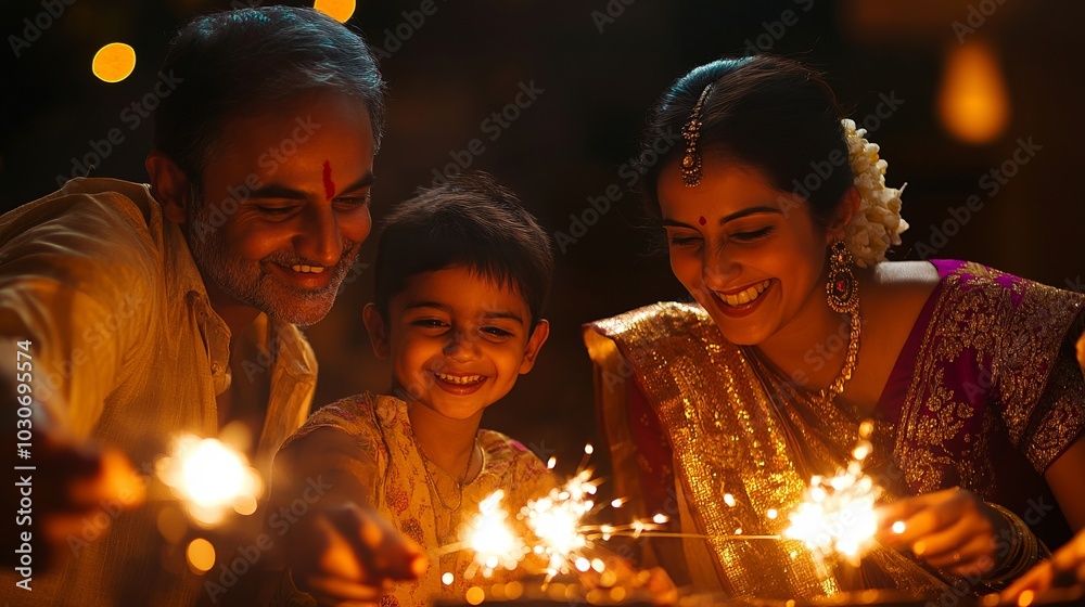 A family of three, a man, a woman and a child, are lighting candles together A family of three, a man, a woman and a child, are lighting candles together