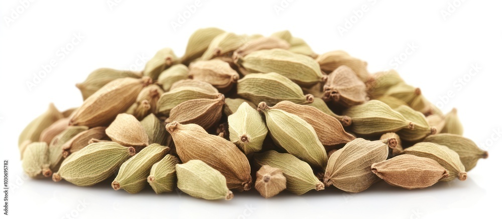 Close-up of a pile of green and brown cardamom pods isolated on a white background.