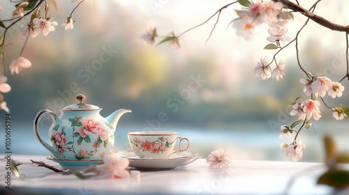 vintage style tea set with floral patterns is elegantly displayed beside delicate blossoms, creating serene and inviting atmosphere. soft colors and gentle light enhance tranquil scene