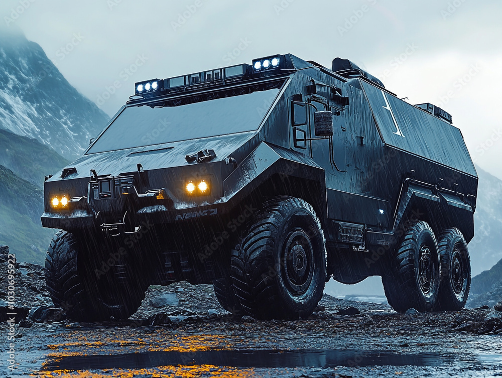 Futuristic an army personal transportation vehicle is driving down a road in the rain. Futuristic an army personal transportation vehicle is driving down a road in the rain.