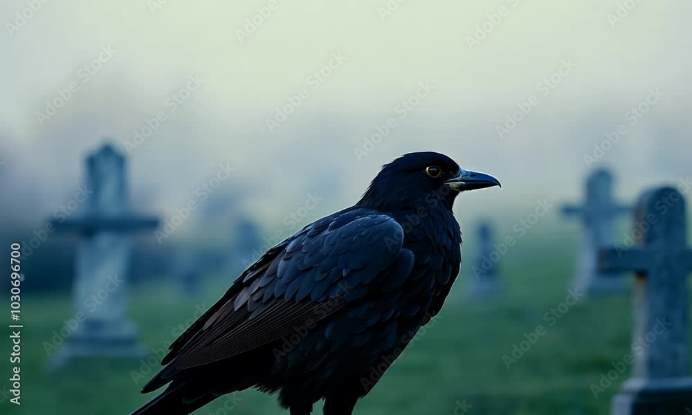 Mysterious crow perched in a graveyard with tombstones in the background during a foggy day Mysterious crow perched in a graveyard with tombstones in the background during a foggy day