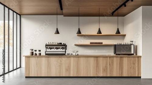 149. A minimalist coffee shop with an empty counter photo