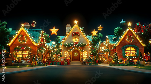 Fototapeta Naklejka Na Ścianę i Meble -  Christmas eve in a small town with houses decorated with christmas lights