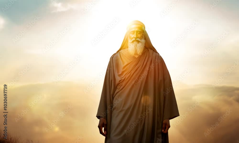 A serene figure of a prophet standing in flowing robes against a soft golden sky with warm light A serene figure of a prophet standing in flowing robes against a soft golden sky with warm light