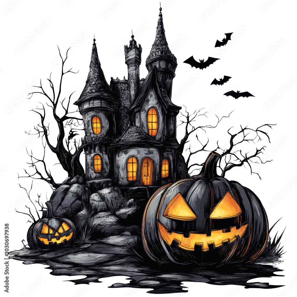 spooky Halloween night scene featuring haunted castle with glowing windows, surrounded by eerie trees and carved pumpkins. atmosphere is filled with sense of mystery and fright spooky Halloween night scene featuring haunted castle with glowing windows, surrounded by eerie trees and carved pumpkins. atmosphere is filled with sense of mystery and fright