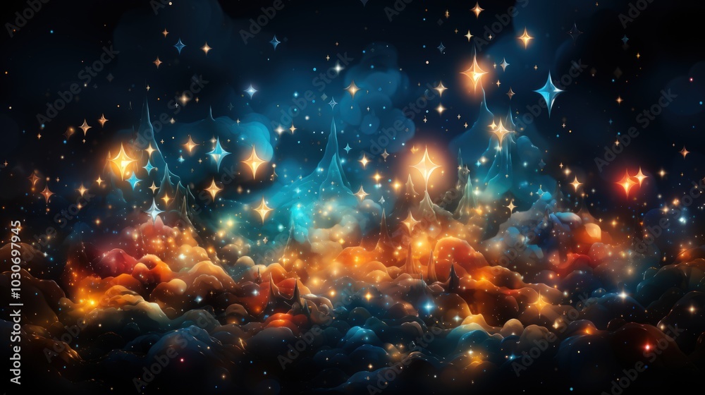Fototapeta premium Abstract Starry Night Landscape with Glowing Stars