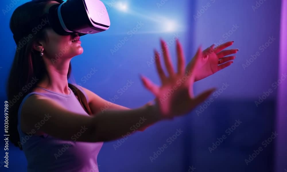 Woman experiencing virtual reality with a VR headset, reaching out with her hand in an immersive digital world