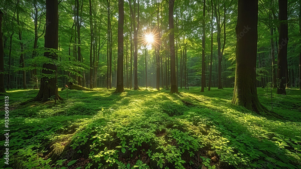 Fototapeta premium Lush green forest with sunlight filtering through the trees, emphasizing the need for environmental conservation and preserving natural habitats for biodiversity. Realistic photo. High resolution