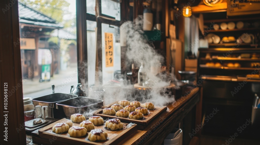Fototapeta premium Hot Japanese steaming fresh from the oven, with a rustic wooden counter and a cozy Japanese bakery atmosphere.