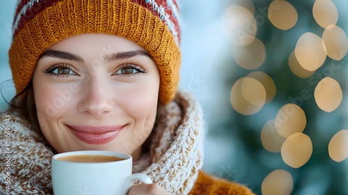 Fashionable female sipping hot beverage at cozy outdoor cafe in the heart of a snowy winter city street scene exuding elegance and comfort